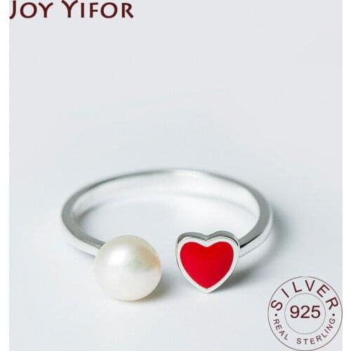 S925 Sterling Silver Rings For Women fine Jewelry red haert pearl adjustable Open Rings For Party Birthday Gift vantage