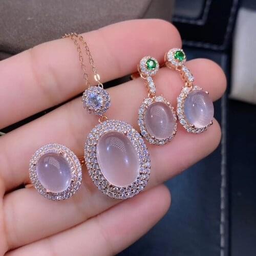 The Best Anniversary Gift 100% Natural and Real Rose Quartz Set 925 Sterling Silver 1pc Ring,2pcs Earring ,1pc Pendant