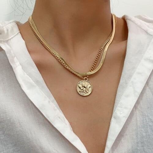 Chic Punk Blade Thick Chain Figure Coin Pendant Necklace Women Vintage Double Layer Geometric Chains Necklace Pendants Jewelry