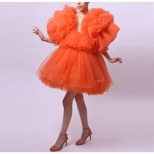 Chic Orange Ruffles Tiered Tulle Knee Length Puffy A Line Mesh Prom Gowns Birthday Formal Party Dresses For Girls 2021