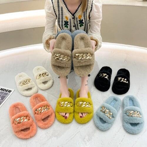 Faux Sandals Furry Fur Slippers Fluffy Flip Flops Metal Chain Real Slides For Women Ladies House Beach Flat Shoes