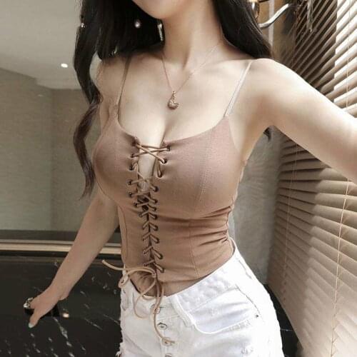 Women Tank Tops Drawstring Crop Top V-neck Vest White Stretchy Strap Club Sexy Knitting Skinny Female Camisole