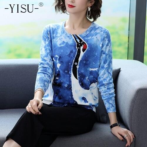 YISU 2019 Autumn New Fashion Women Sweaters Long sleeve O neck Knitted Pullovers Female Jumper Casual Tops bird Printed sweater