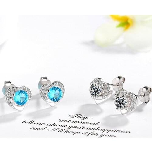 ROLILASON Heart shaped stud earrings love blue topaz Zircon Earrings 925 pure sterling silver jewelry female for women SE27