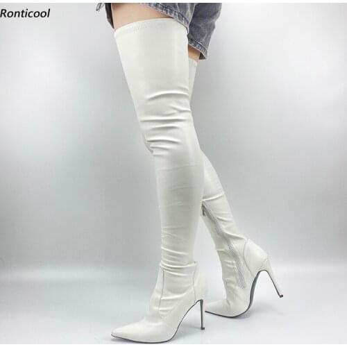 Ronticool New Women Spring Thigh High Boots Flexible Side Zipper Stiletto Heel Pointed Toe White Party Shoes Us Size 5-15