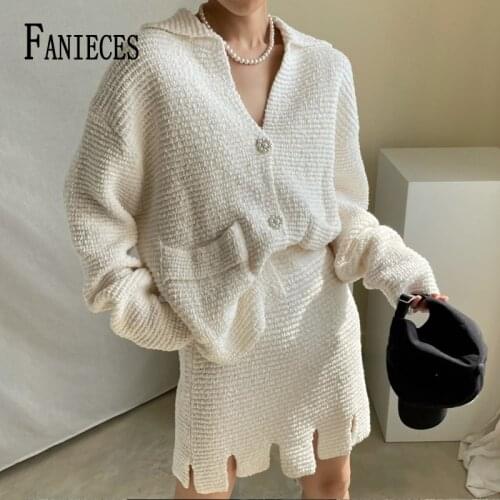 FANIECES Solid Chic Knitted Two Pieces Set Women Autumn Winter V Neck Lapel Cardigan Sweater Tops And Slim Mini Skirt Outfit