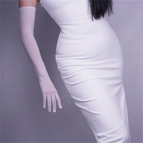 Hot Sale White Elastic Bud Silk Gauze Gloves WomenS Seasons Ultra-Thin Long 52CM Paragraph Retro Touch Screen TBWS52
