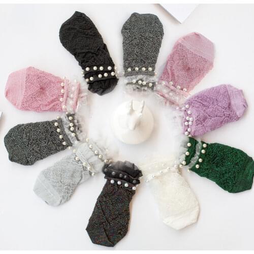 1 Pair Summer Fashion Female Socks Women Silver Silk Pearl Socks Ladies Crystal Short Socks Thin Soft Sweet Beauty Girls Socks