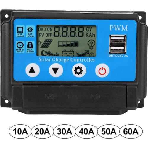 10/20/30/40/50/60A 12V/24V PWM Solar Charge Controller LCD Display Dual USB 5V Output Solar Panel PV Regulator