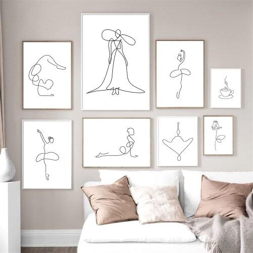 Abstract Ballet Girls Wall Art Poster Figure Line Drawing Art Print Coffee Rose Flower Canvas Painting Nordic Picture Home Decor