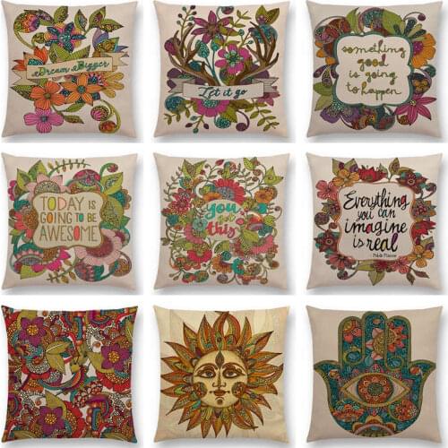 India Style Gorgeous Mandalas Floral Pattern Sun Flower Decorative Letters Meaningful Words Cushion Cover Sofa Throw Pillow Case