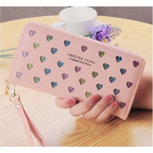 Long Female Purse New cute Love color hollow large capacity Purses women Solid color purses Love zipper female wallet