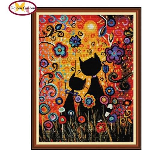 GG Gouache Cat Paintings Chinese Stamped Cross Stitch Animal Embroidery Needlework Set Needlepoint Cross Stitch for Home Decor