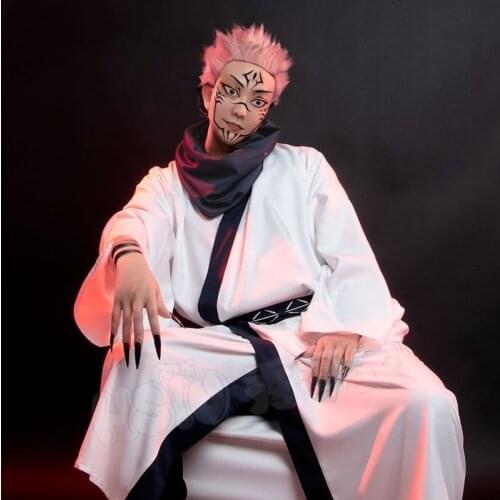 Harujuku Japanese Anime Jujutsu Kaisen Cosplay Costume Halloween Clothes Set For Ryomen Sukuna Cos Kimono Long Coat+Wig