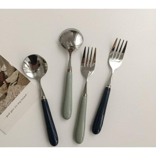 Retro Ceramic Handle Spoon Cake Fruit Fork Stainless Steel Tableware Ice Cream Dessert Teaspoons Salad Cutlery Kitchen Gadgets