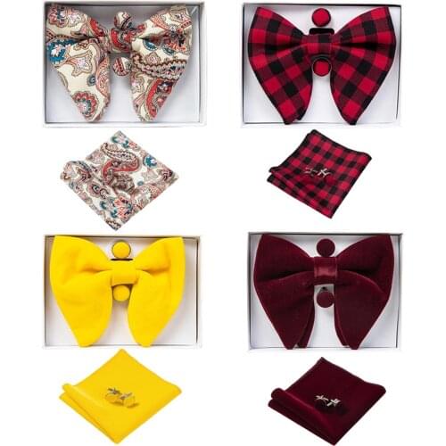 Ricnais Velvet Big Bow Tie Mens Bowties Pocket Square Cufflinks Set Solid Red Blue Handkerchief Necktie For Man Wedding Gift
