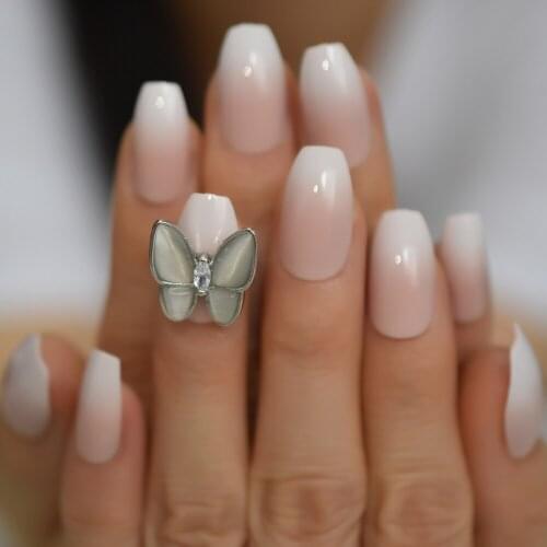 Natural Butterfly 3D French Fake Nail Daily Designed Nail Accessories Medium False Acylic Ballerina Adhesive Nails