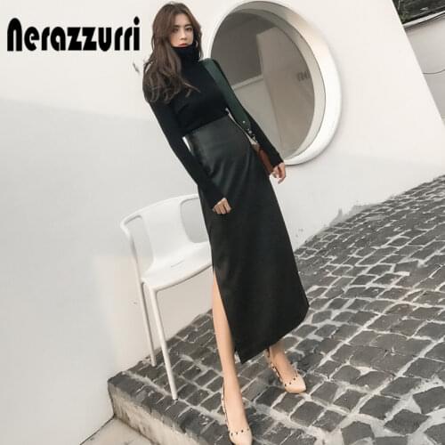 Nerazzurri Long black pencil leather skirt women with high slit Plus size faux leather skirts for women 4xl 5xl 6xl Midi skirt