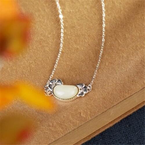 Natural Hetian Jade White Jade Oval Pendant Plum S925 Sterling Silver Inlaid with Womens Clavicle Chain Items Pendant Necklace