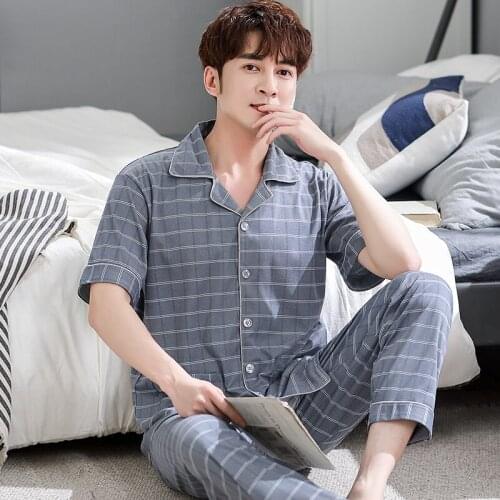 Striped Pajamas For Men Sleepwear Summer Cotton Pijama Short Tops+Long Pants 2Pcs Set Pyjamas Mens Plus Size 3XL Lounge Homewear