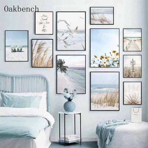 Tropical Summer Art Poster Sea Beach Travel Print Reed Flower Seagull Canvas Painting Landscape Wall Pictures Living Room Decor