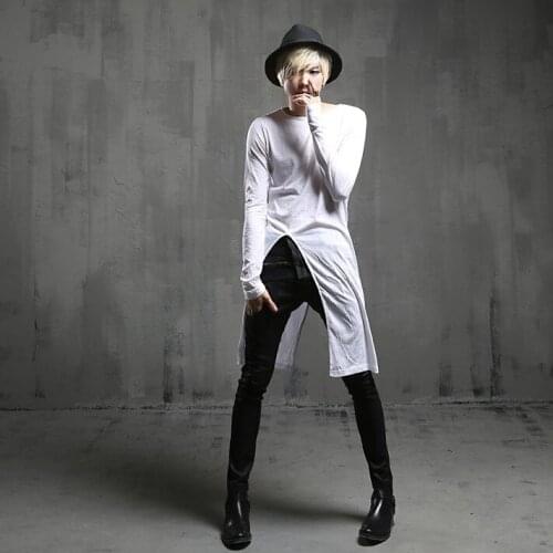 S-3XL! 2016 Mens clothing Fashion personality lengthen T-shirt irregular placketing slim all-match t-shirt singer costumes