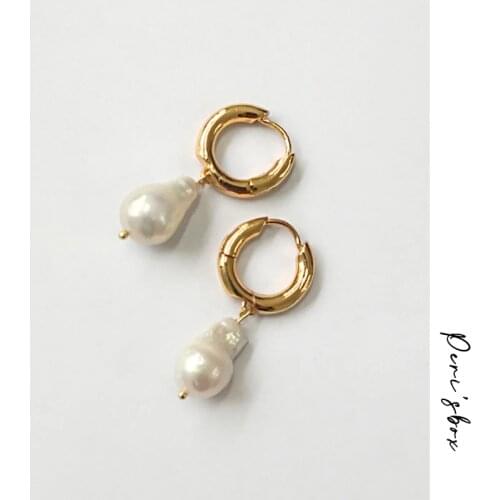 PerisBox 2019 Natural Baroque Freshwater Pearl Drop Earrings Gold Small Circle Large White Pearl Earrings for Women Pearl Charm