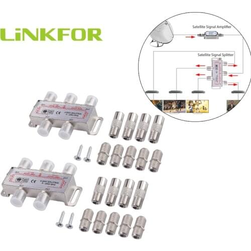 LiNKFOR 2Pcs 4 Way TV / CATV Broadband Splitter Bi-Directional MoCA 5-2500MHz With F to Coax Adaptor / F to F Inline Joiner
