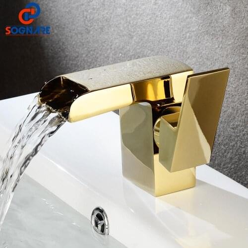 SOGNARE Gold Bathroom Faucets Brass Cold And Hot Water Mixer Single Handle Waterfall Basin Faucet Mixer Sink Tap Bath Faucet