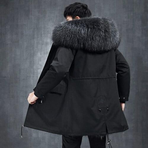 Pai overcome 2020 winter mens long fur one thickened oversized raccoon fur collar windbreaker casual solid color clothes