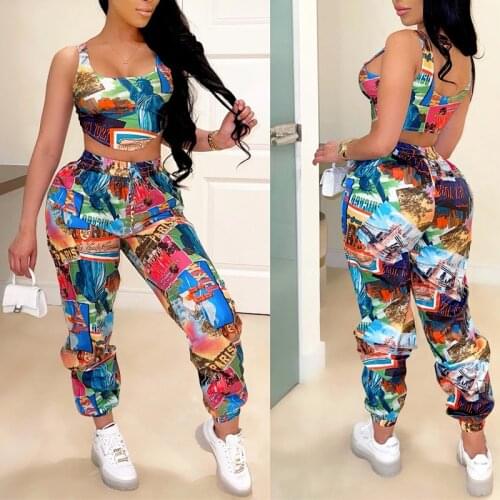 Women Tracksuits Loose Jogger Pants Two Piece Sleeveless Tube Top&High Waist Drawstring Pant Set Fashion Printed Sportwear Suits