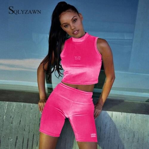 Velvet Biker Shorts Sweat Suit Women Pink Embroidery Letter Sleeveless Crop Top 2 Piece Set Casual Sportswear Workout Tracksuit