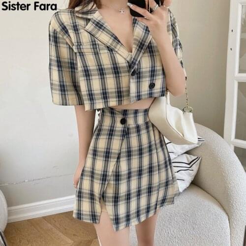 Sister Fara Fashion Summer Plaid Short Sleeve Blazer Womens Two Piece Suit+High Waist Button Fly Split Short Skirt Women Sets