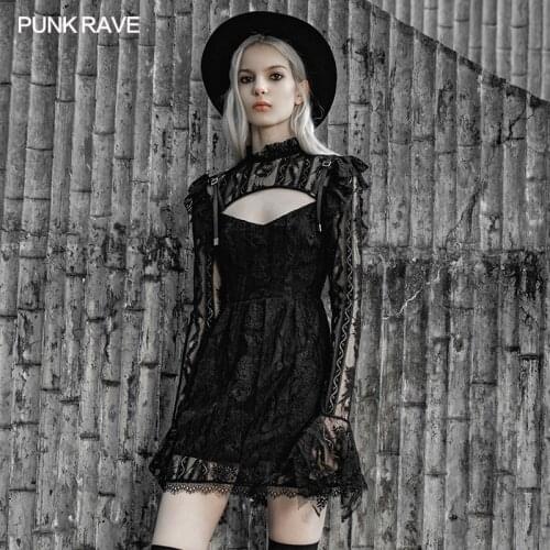 PUNK RAVE Womens Small A-Line Hollow-out Lace Dress Gothic Daily Party Club Irregular Cuffs Sexy Black Dress Women