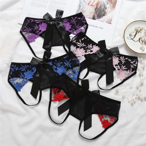 Womens Sexy Lingerie Crotchless Panties Flower Lace Bows Underwear Exotic Lingerie Sexy Appeal Intimates Bandage Belt