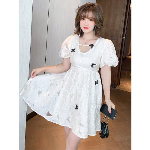 High quality Hubble-bubble sleeve bowknot jacquard hollow out new women summer dress