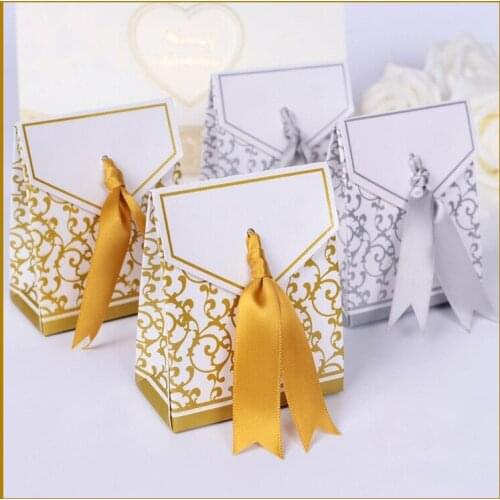 1000pcs Lovely Candy Boxes With Ribbon Wedding Party Favor Gift Boxes DIY Candy Cookie Gift Boxes Sliver/ Gold Free Shipping