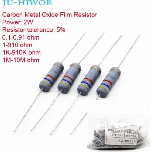 200pcs 2W 5% Carbon Metal Oxide Film Resistor 0.1-0.91 1-910 1K-910K Ohm 100 200 300 1K 2K 3K 1M Resistors