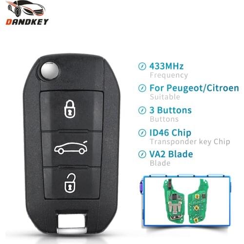 Dandkey Remote Flip Car Key 433MHz ID46 Chip 3 Buttons For Peugeot 208 301 308 508 For Citroen C4L HellaFlush Cactus HU83 VA2