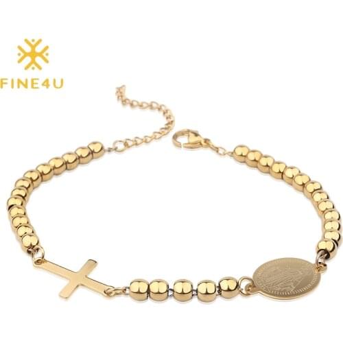 FINE4U B247 Stainless Steel Virgin Mary and Cross Charms Bracelet Gold Color 5mm Beads Bracelets For Christian Rosary Jewelry