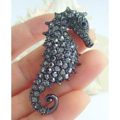 2.16" Black-Tone Alloy Seahorse Brooch Pin Pendant Black Gray Rhinestone Crystal EE02254C11