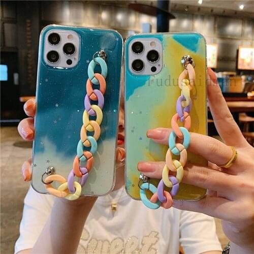 Wrist Strap Lanyard Phone Case For iPhone 12 11 Pro Max X Xs XR 7 8 6 6s Plus SE 2020 Colorful Watercolor Soft Clear Cover