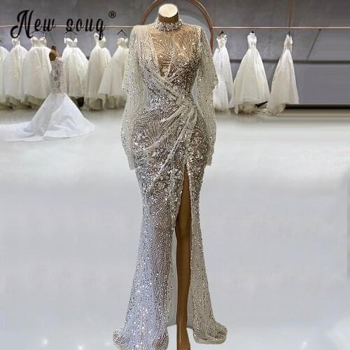 Ivory Dubai High Neck Sexy Split Side Evening Dresses Luxury Beading Crystal Sparkle Formal Dress 2021 Serene vestido de festa