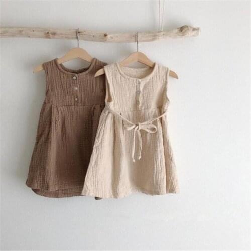 Children Girls Dress Cotton Soft Linen Waistband Girl Sleeveless Comfortable Button Kids Belt Clothing Spring Summer Outwear