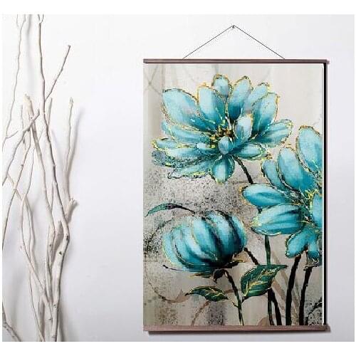 Blue Flowers Golden Lace Noble Decorative Art Canvas poster decoration painting with solid wood hanging scroll