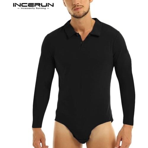 INCERUN Solid Color Men Shirt Bodysuit Long Sleeve Lapel Button Rompers Tops Streetwear Casual Sexy Mens Shirt Playsuits S-5XL