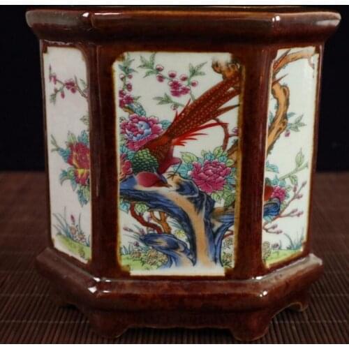 China Colored glaze ceramic six Fong Pen holder crafts statue