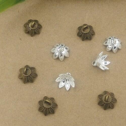 100 PCS 9mm Fashion Metal Copper Flower Bead Caps Connector Silver Color Antique Bronze Plated Charm For Jewelry Making