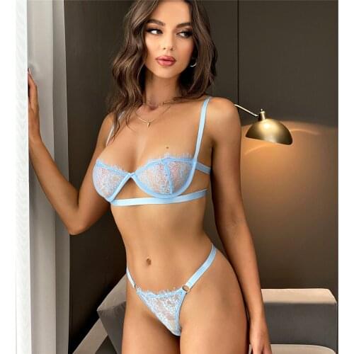 Sexy Lingerie Set Women Push up Underwire Bra Half Cup Exotic Costumes Transparent Lace Sensual Lingerie Female Underwear LNE471