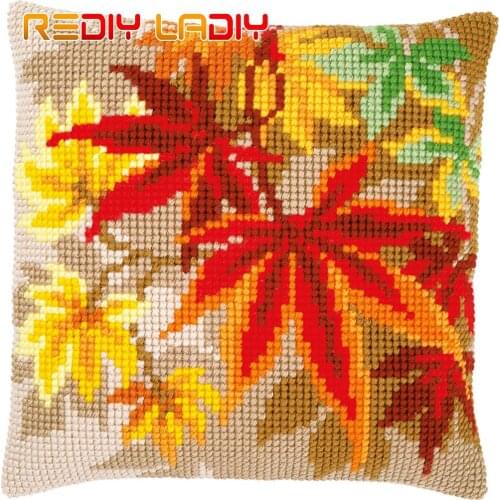 Cross Stitch Cushion Cover Autumn Leaves Pillow Case Pre-Printed Canvas Acrylic Thick Yarn Arts Cross-stitch Needlepoint Kits
